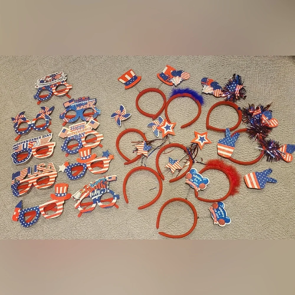 Patriotic 4th of July 9 Headbands and 9 Eye Glasses NWT
